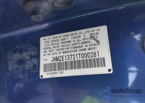 2001 Honda Insight z USA, uszkodzony, nr VIN JHMZE13721T000281